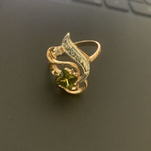Gorgeous FJ Fallon Gold plate and Silver Olive Green CZ ring, Stamped